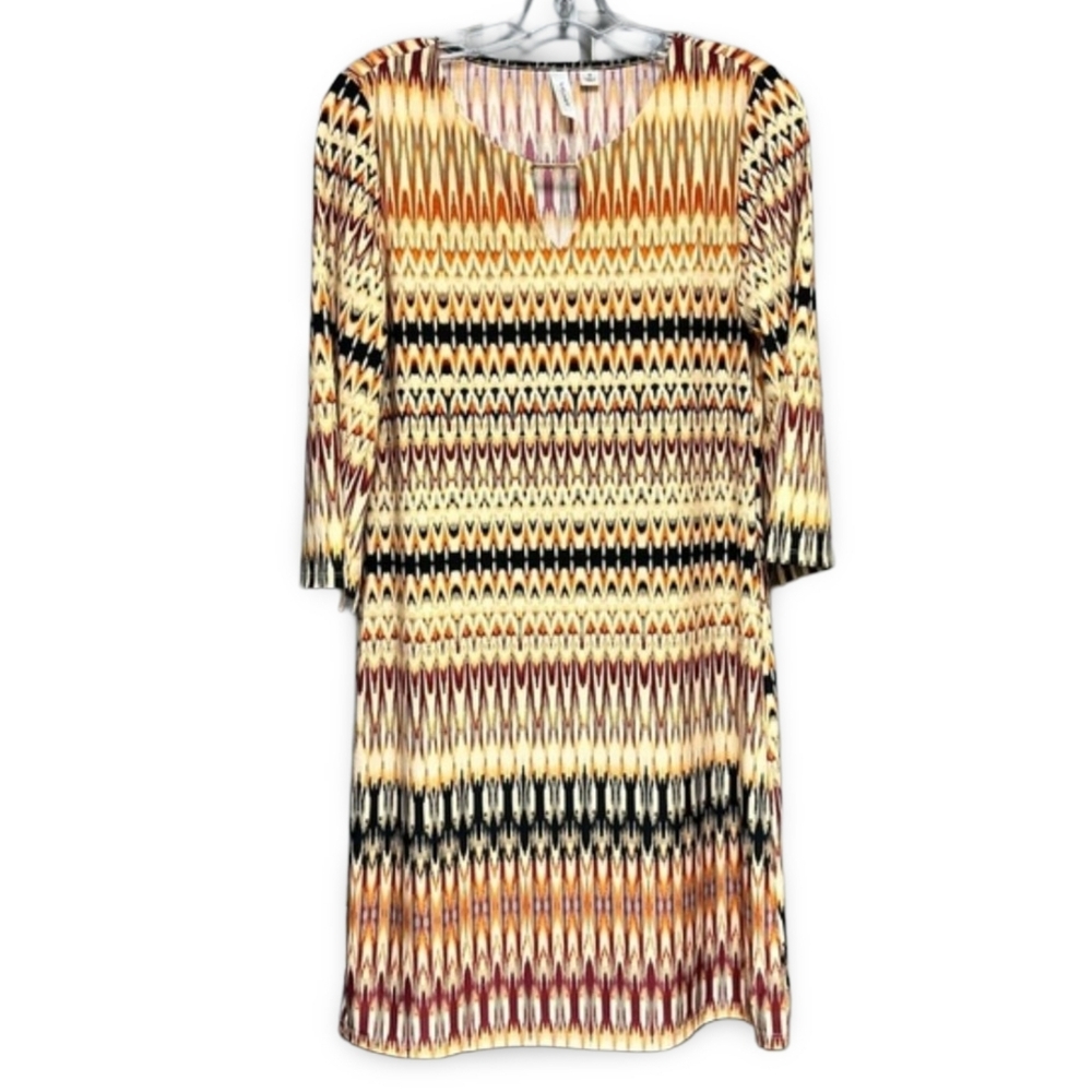 Tacera Womens Tunic Dress Size Small Geometric Ikat Print 3/4 Sleeve Boho Casual